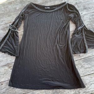 UNION OF ANGELS BLACK NYLON DRESS LEATHER TRIM BRAIDED, BELL SLEEVES, L.